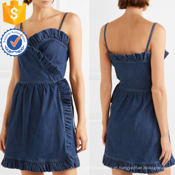 Verão Spaghetti Strap Ruffled Denim Wrap Mini Vestido Fabricação Atacado Moda Feminina Vestuário (TA0309D)